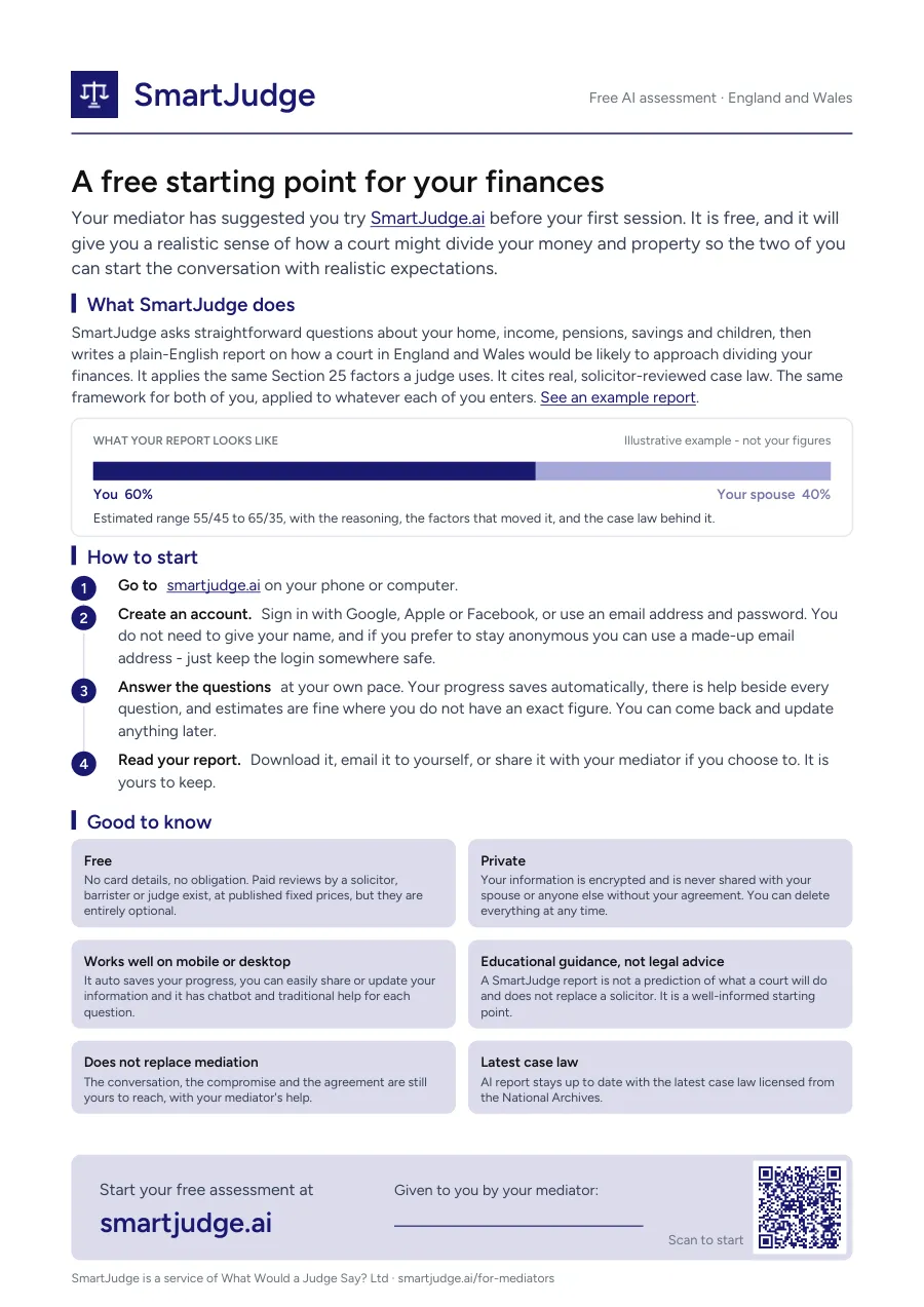 The one-page SmartJudge client handout: what SmartJudge does, an illustrative report excerpt, four steps to start, and a QR code
