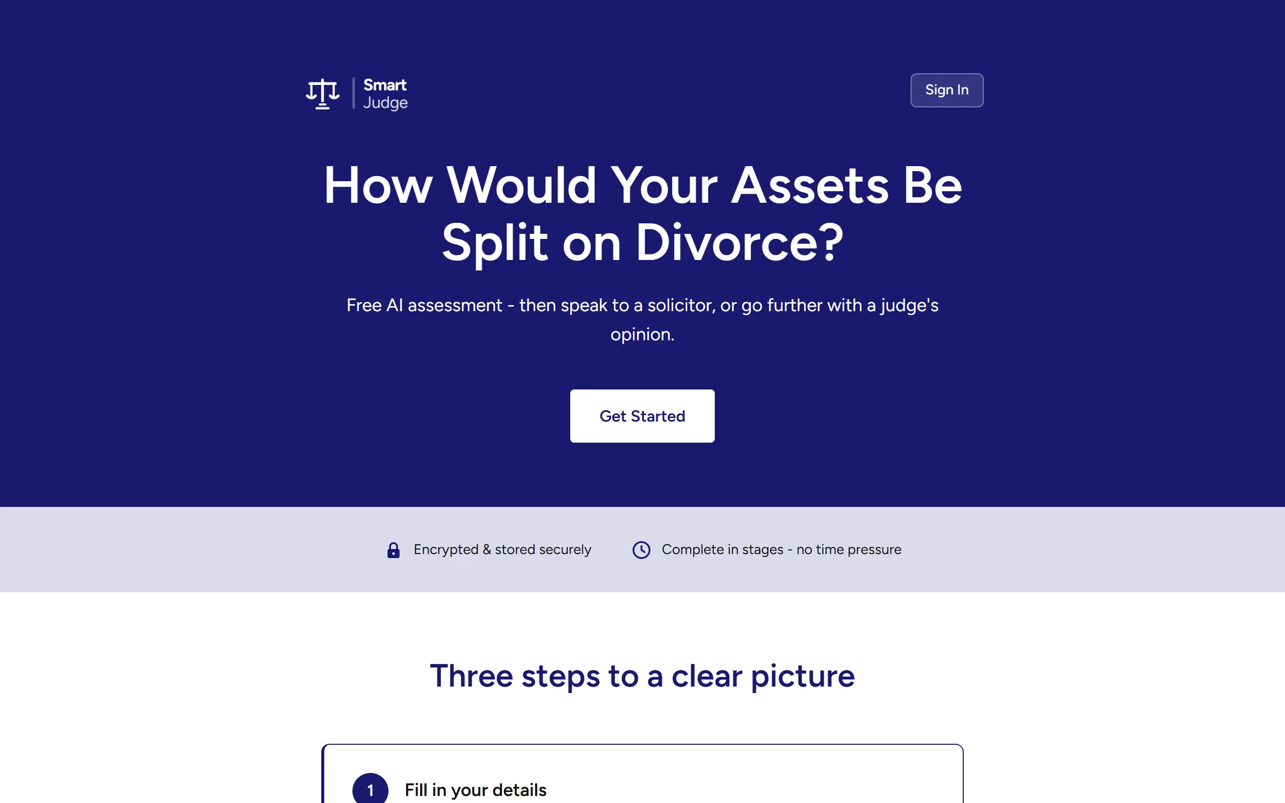 The SmartJudge app: 'How would your assets be split on divorce?' with the free assessment start screen